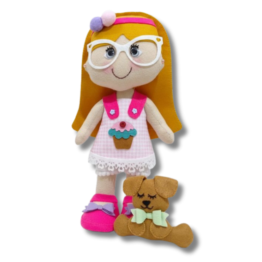 Boneca Beta + Mascote Cãozinho Pepo em Feltro